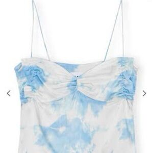 Ganni Blue and White Ruched Tie Front Camisole